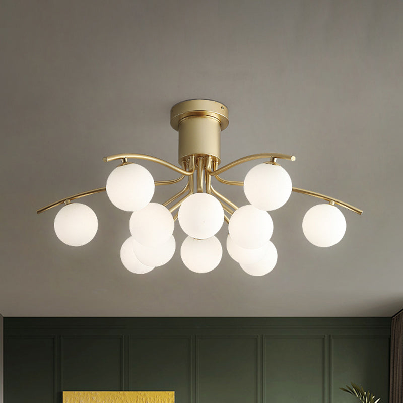 Post-Modern Modo Flush Mount White Glass 12-Head Living Room LED Semi Close to Ceiling Lamp in Brass