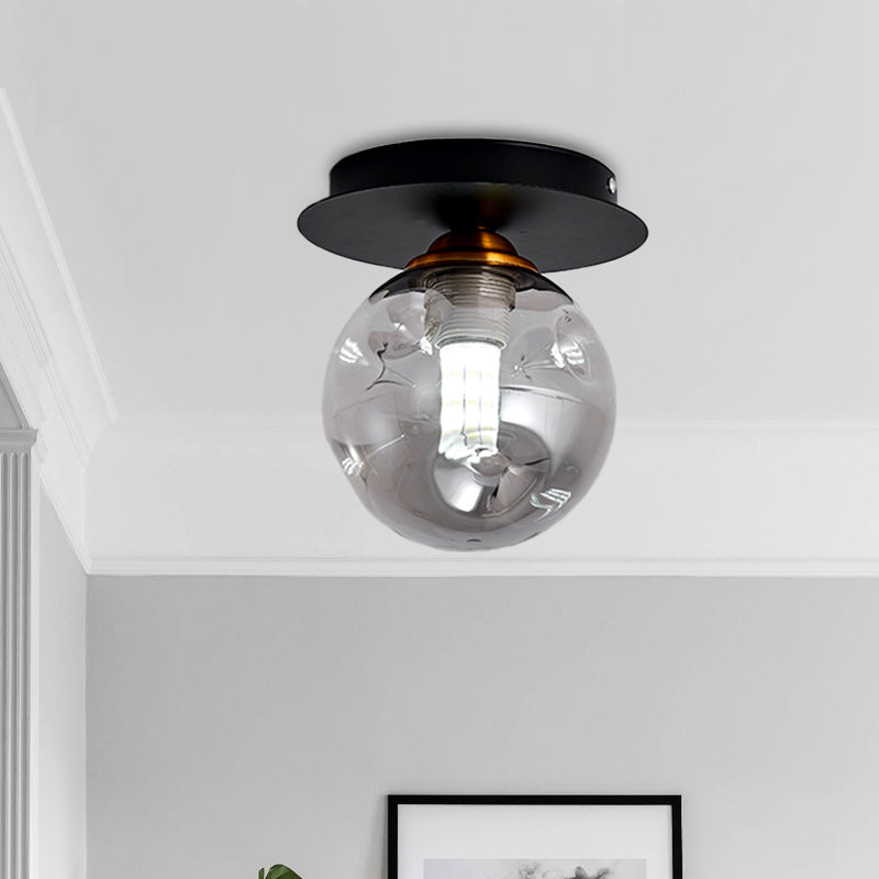 Ball Flush Light Fixture Simple Clear Dimpled Glass 1-Bulb Corridor Flush Mount Lamp in Black