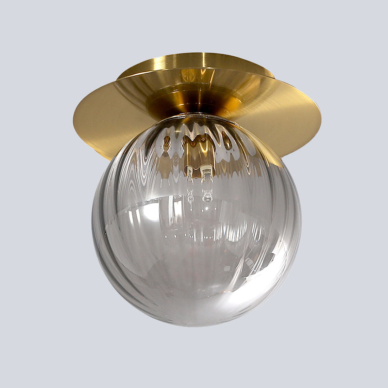 Plafonnier Globe Corridor en verre d'eau fumé, plafonnier à 1 tête, finition dorée