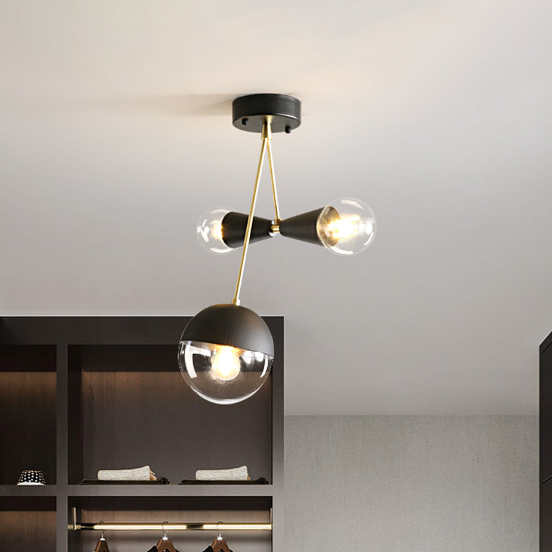 Black Ball and Hourglass Semi Flush Mount Contemporary 3 Bulbs Clear Glass Close to Ceiling Light