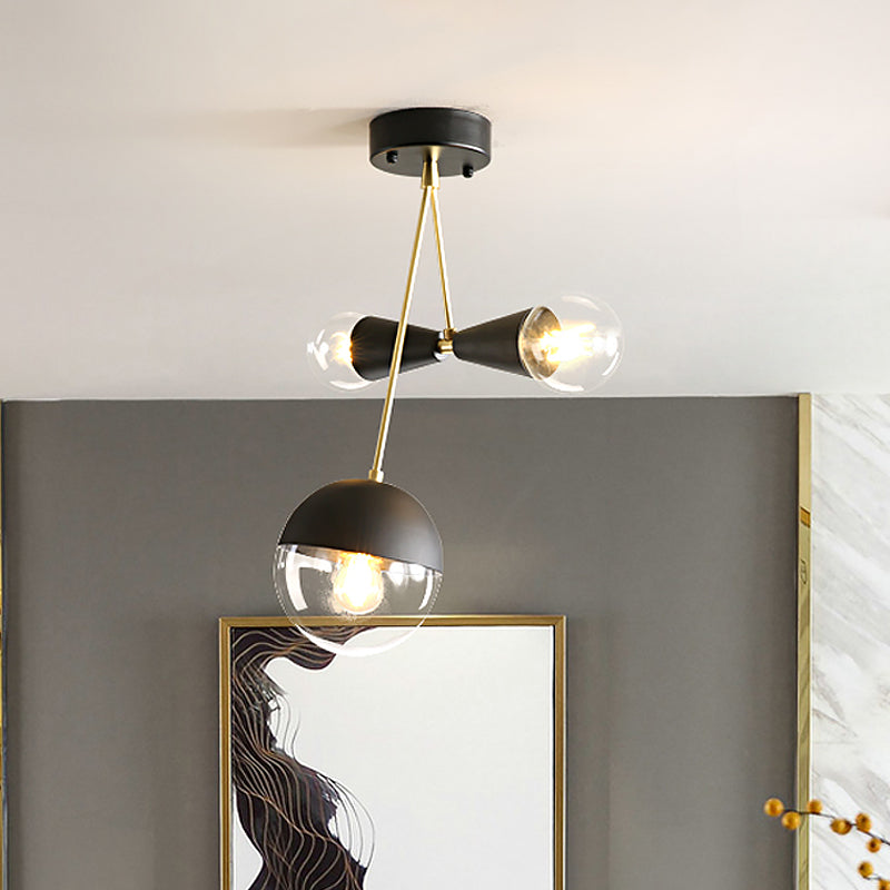 Black Ball and Hourglass Semi Flush Mount Contemporary 3 Bulbs Clear Glass Close to Ceiling Light
