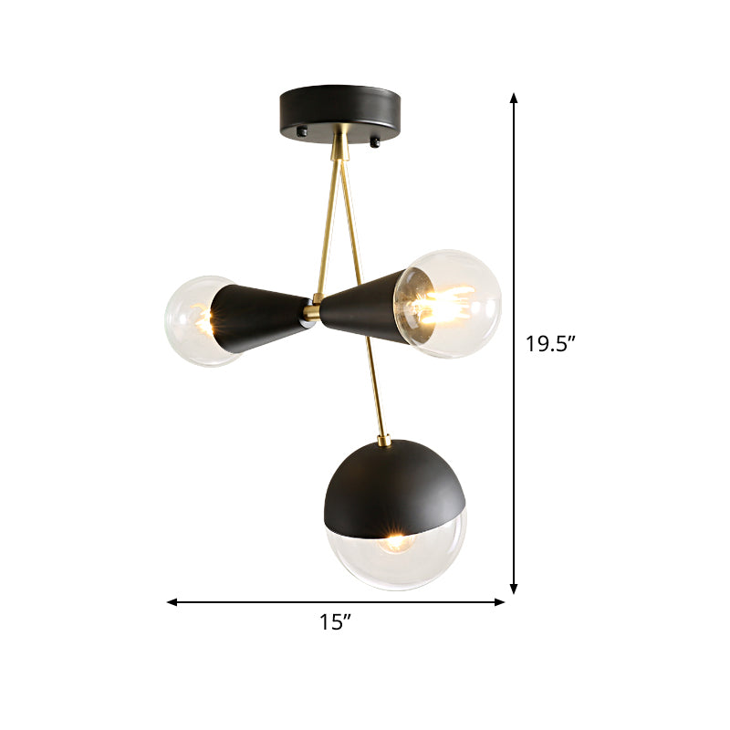 Black Ball and Hourglass Semi Flush Mount Contemporary 3 Bulbs Clear Glass Close to Ceiling Light