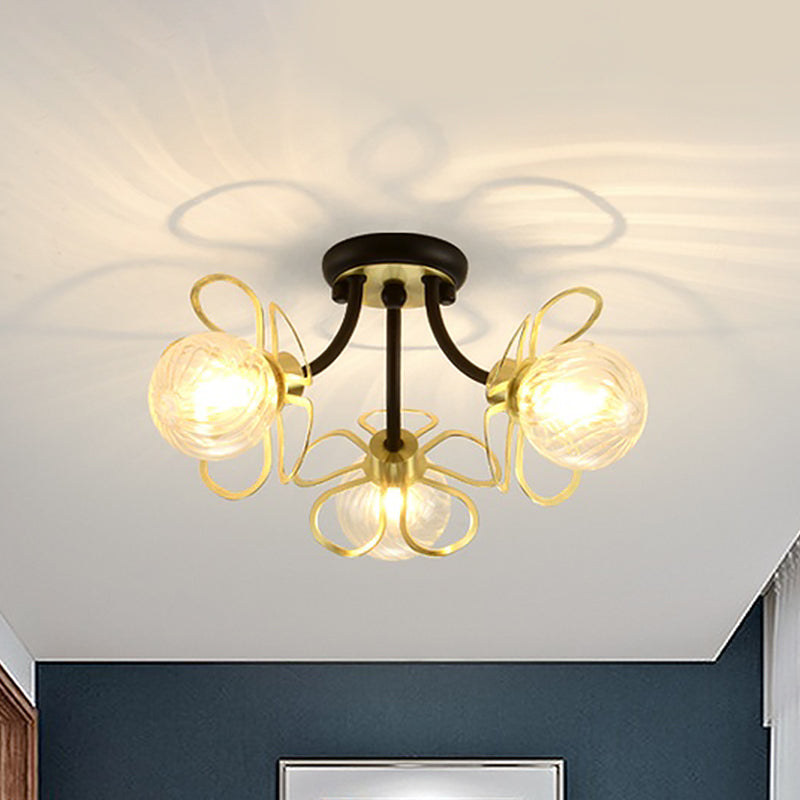 Metal Floral Flush Lighting Modernism 3 Lights Black Semi Ceiling Flush Mount with Modo Clear Prismatic Glass Shade