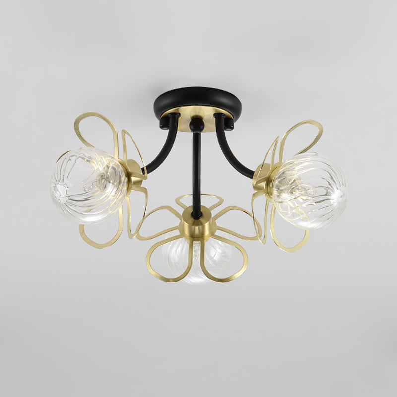Metal Floral Flush Lighting Modernism 3 Lights Black Semi Ceiling Flush Mount with Modo Clear Prismatic Glass Shade
