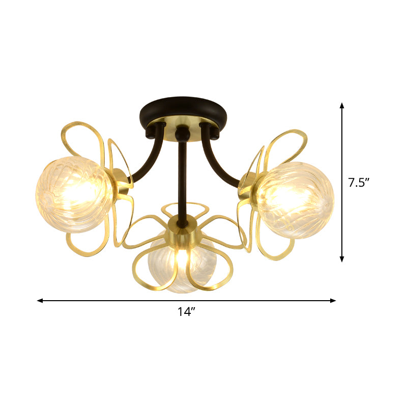 Metal Floral Flush Lighting Modernism 3 Lights Black Semi Ceiling Flush Mount with Modo Clear Prismatic Glass Shade