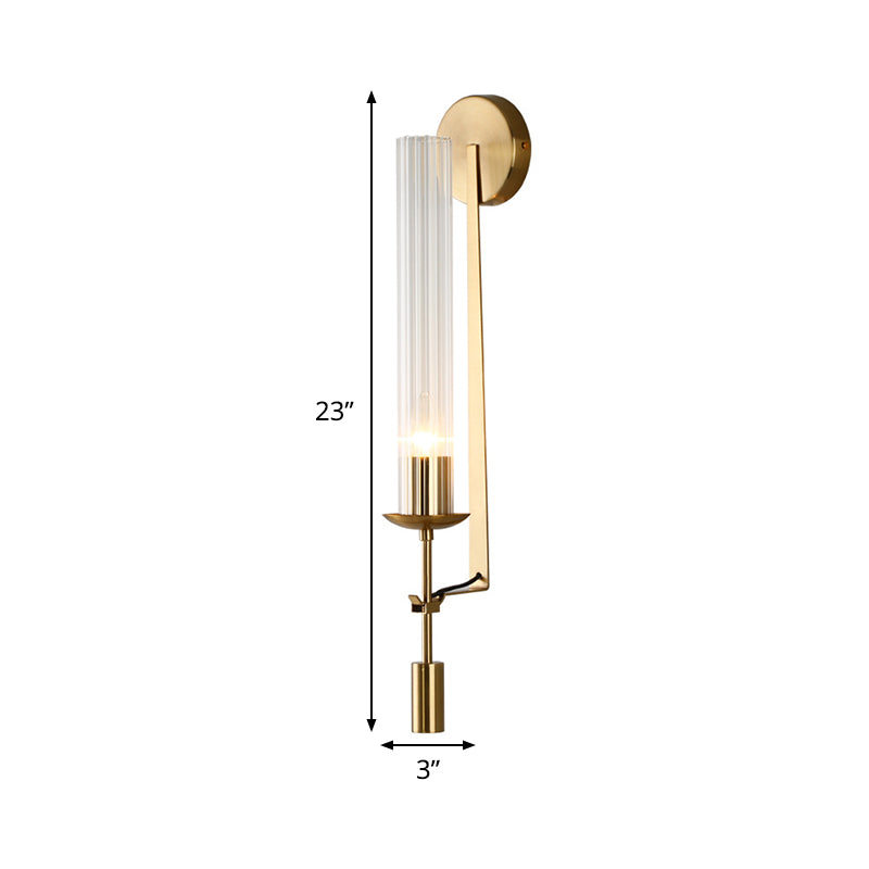 1-Head Bathroom Wall Mounted Lamp Minimalist Gold Sconce with Tubular Clear Glass Shade