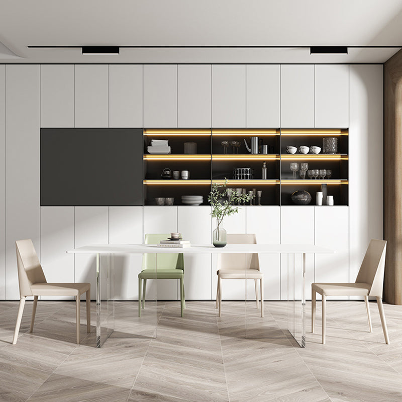 Modern Rectangle Dining Table White Sintered Stone Top Acrylic Base Table