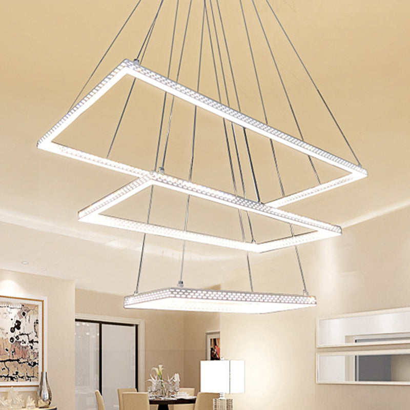 White Rectangular Chandelier Lighting Modernist 3 Lights Metal Ceiling Pendant Lamp Fixture in White/Warm/Natural Light