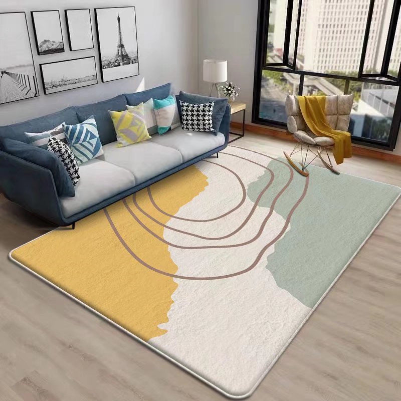 Beige Color Block Rug Polyester Nordic Indoor Rug Non-Slip Backing Rug for Drawing Room