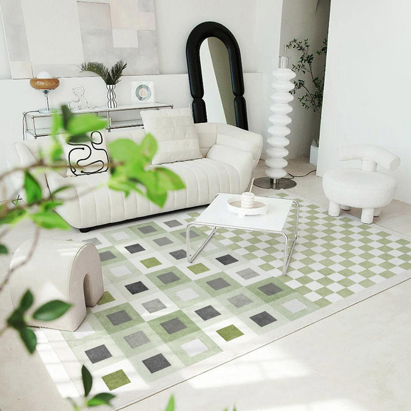 Green Nordic Rug Polyester Grid Pattern Rug Stain Resistant Rug for Home Decoration