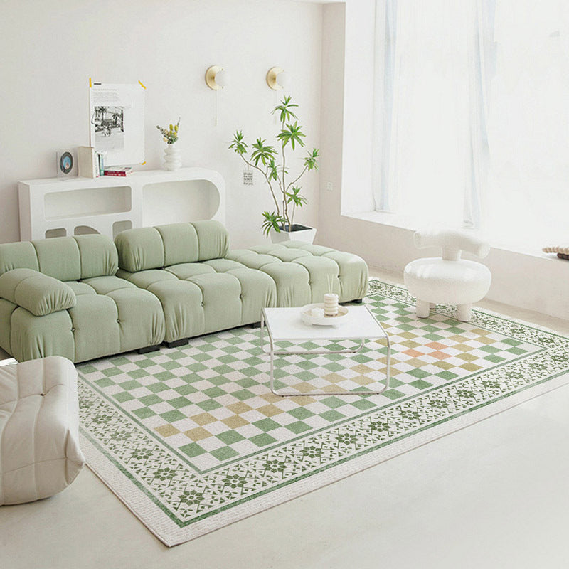 Green Nordic Rug Polyester Grid Pattern Rug Stain Resistant Rug for Home Decoration