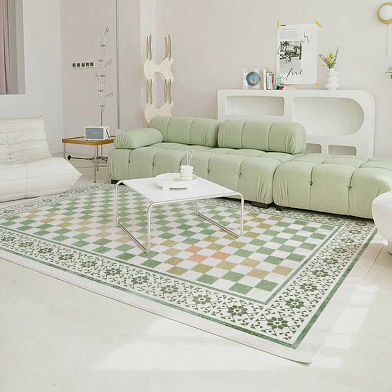Green Nordic Rug Polyester Grid Pattern Rug Stain Resistant Rug for Home Decoration