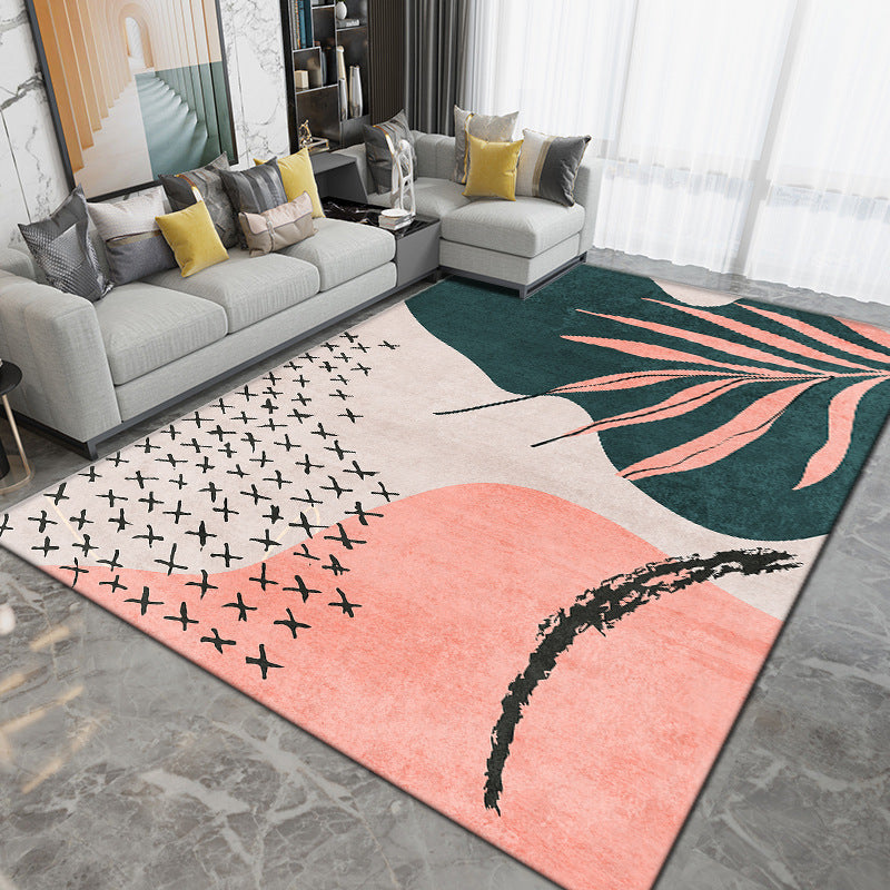 Dark Green Color Block Rug Polyester Modern Rug Washable Rug for Living Room