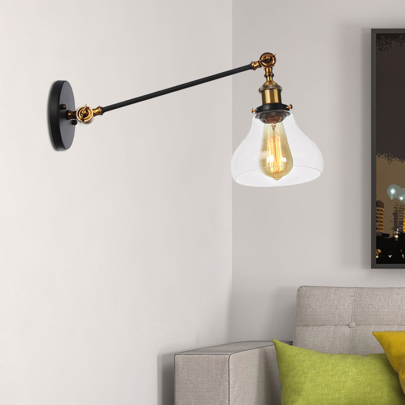 1 luminaire d'éclairage intérieur léger Ferme noire / bronze / application en laiton avec une nuance en verre transparent poire, 8 "/ 12" L bras