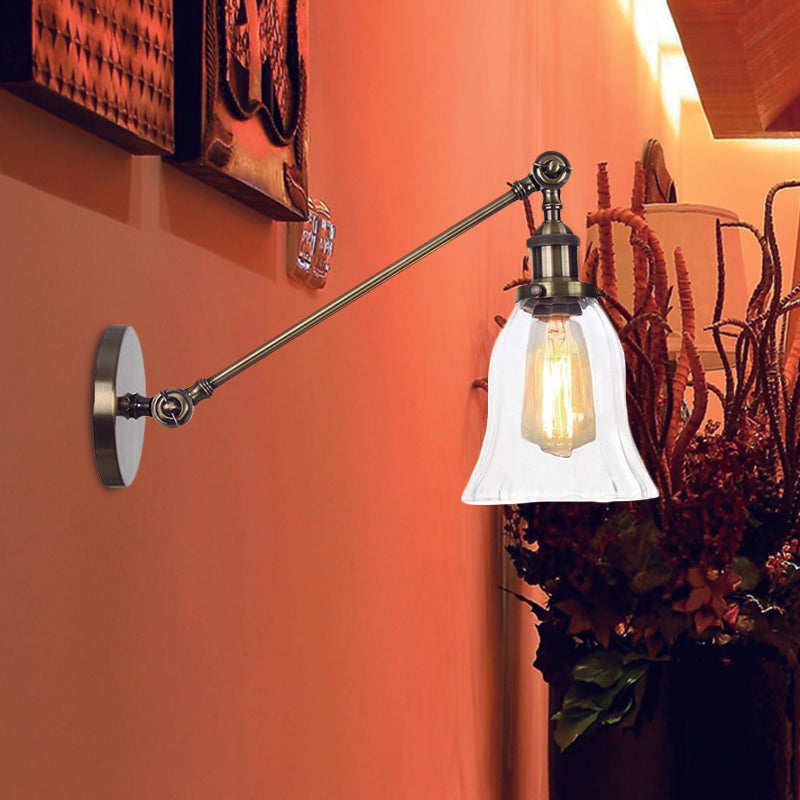 Black/Bronze/Brass 1 Light Wall Lighting Fixture Vintage Clear Glass Bell Sconce with Arm, 8"/12" Long
