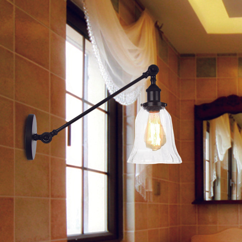 Black/Bronze/Brass 1 Light Wall Lighting Fixture Vintage Clear Glass Bell Sconce with Arm, 8"/12" Long