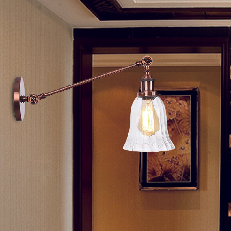 Black/Bronze/Brass 1 Light Wall Lighting Fixture Vintage Clear Glass Bell Sconce with Arm, 8"/12" Long