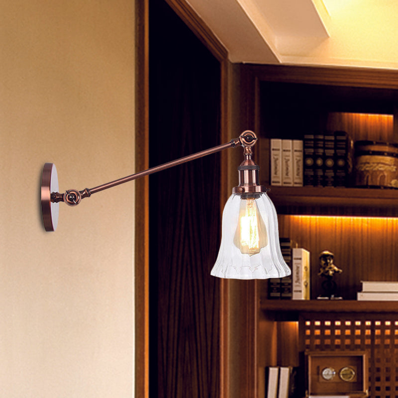 Black/Bronze/Brass 1 Light Wall Lighting Fixture Vintage Clear Glass Bell Sconce with Arm, 8"/12" Long
