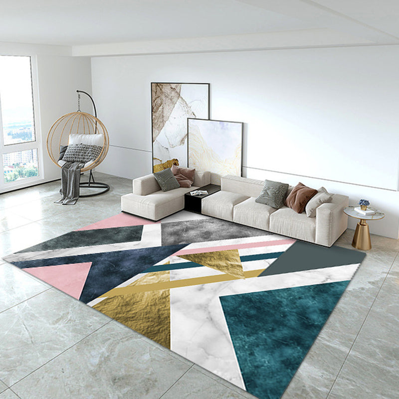 White Geometric Carpet Polyester Modern Carpet Washable Carpet for Living Room