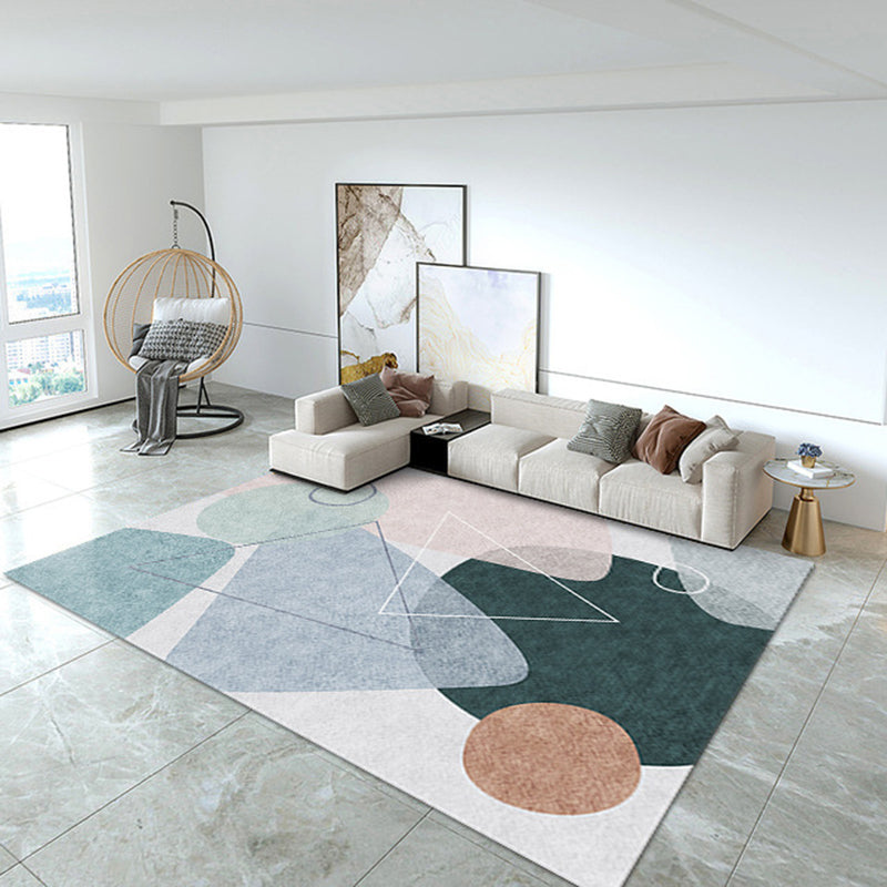 White Geometric Carpet Polyester Modern Carpet Washable Carpet for Living Room