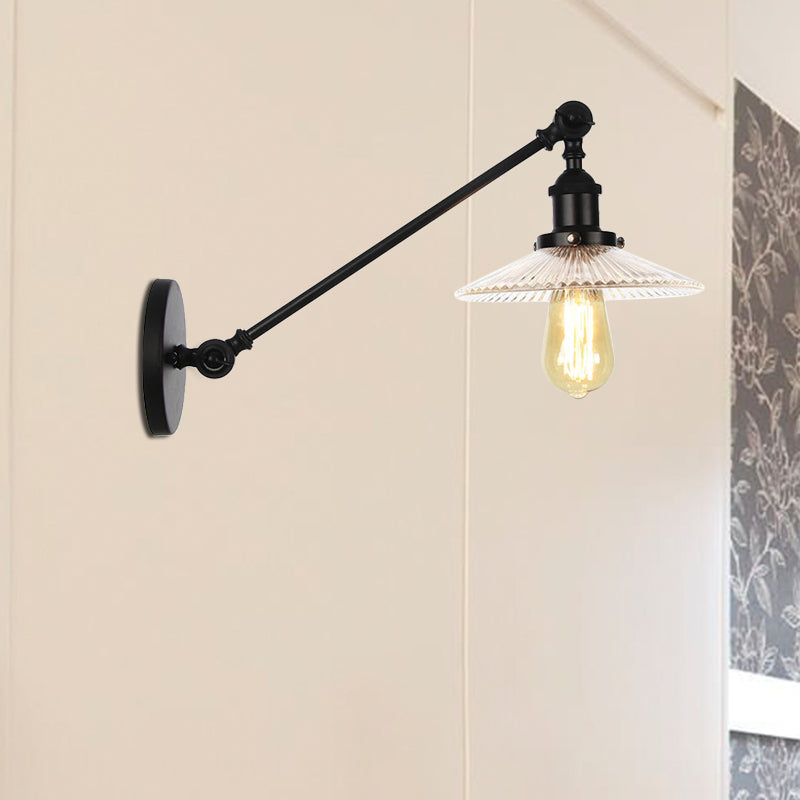 Clear Ribbed Glass Bronze/Brass/Copper Wall Mounted Lamp Saucer 1 Light Vintage Lighting Fixture, 8"/12" L Arm