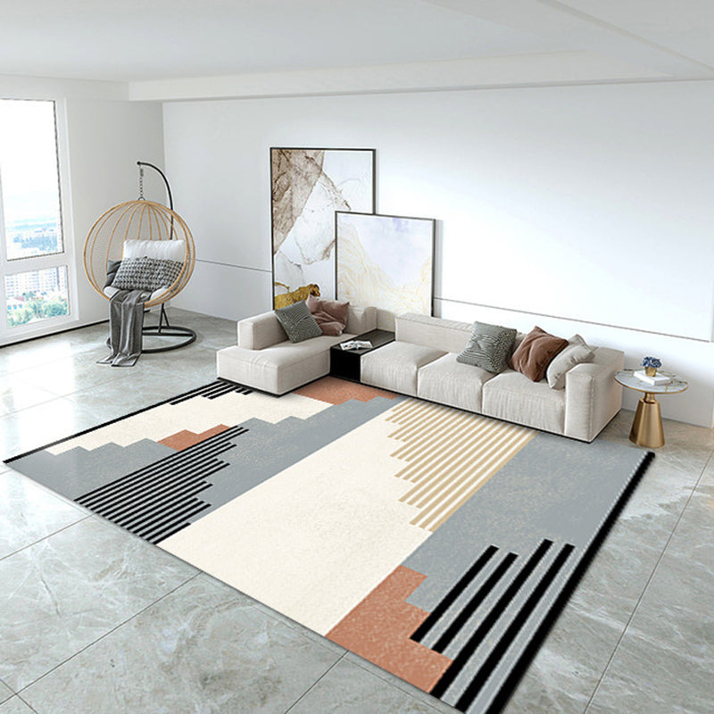 White Geometric Carpet Polyester Modern Carpet Washable Carpet for Living Room
