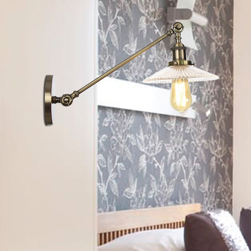 Clear Ribbed Glass Bronze/Brass/Copper Wall Mounted Lamp Saucer 1 Light Vintage Lighting Fixture, 8"/12" L Arm