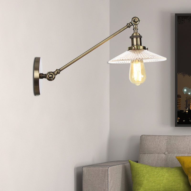 Clear Ribbed Glass Bronze/Brass/Copper Wall Mounted Lamp Saucer 1 Light Vintage Lighting Fixture, 8"/12" L Arm