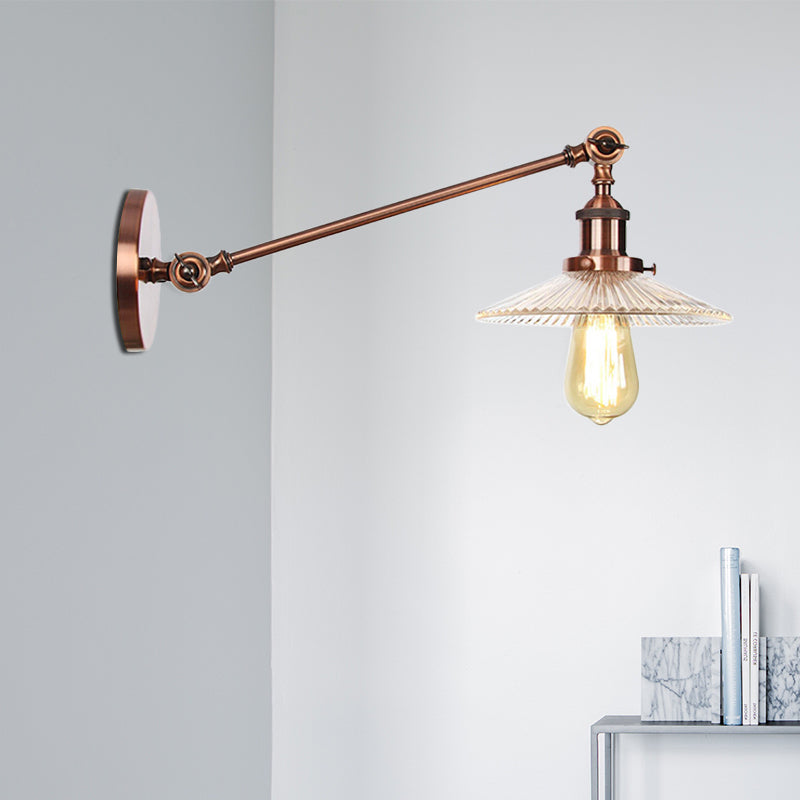 Clear Ribbed Glass Bronze/Brass/Copper Wall Mounted Lamp Saucer 1 Light Vintage Lighting Fixture, 8"/12" L Arm