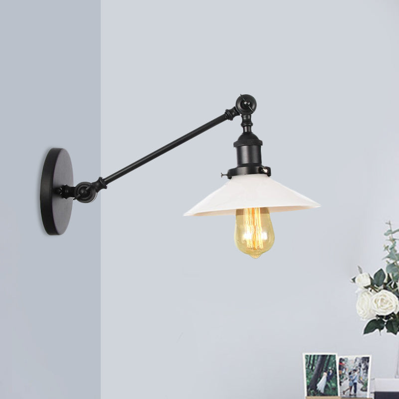 Industrial Conical Sconce Light 1 Light Opal Glass Wall Lamp in Black/Bronze/Brass with Arm, 8"/12" L
