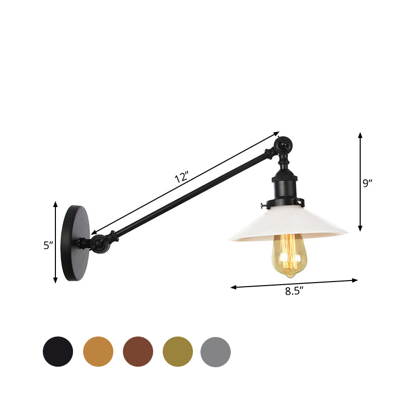 Industrial Conical Sconce Light 1 Light Opal Glass Wall Lamp in Black/Bronze/Brass with Arm, 8"/12" L