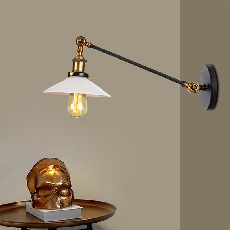 Industrial Conical Sconce Light 1 Light Opal Glass Wall Lamp in Black/Bronze/Brass with Arm, 8"/12" L
