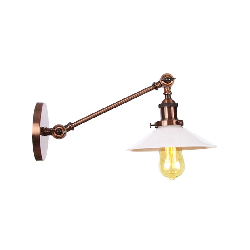 Industrial Conical Sconce Light 1 Light Opal Glass Wall Lamp in Black/Bronze/Brass with Arm, 8"/12" L