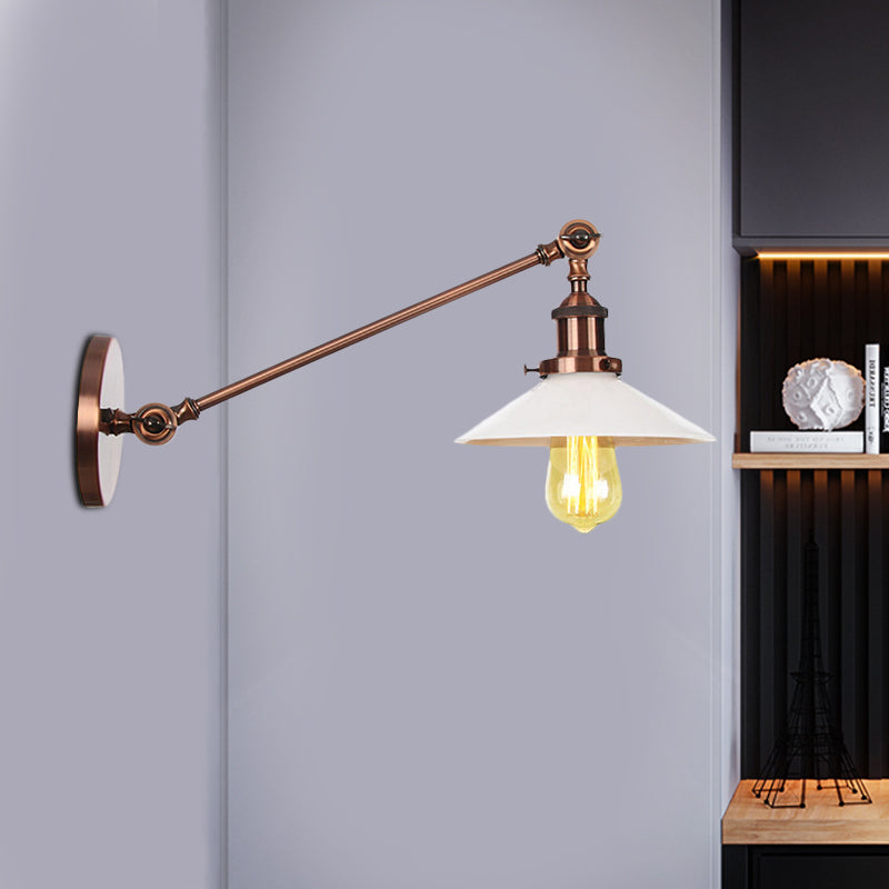 Industrial Conical Sconce Light 1 Light Opal Glass Wall Lamp in Black/Bronze/Brass with Arm, 8"/12" L