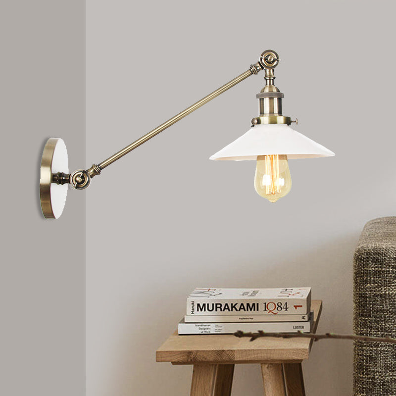 Industrial Conical Sconce Light 1 Light Opal Glass Wall Lamp in Black/Bronze/Brass with Arm, 8"/12" L