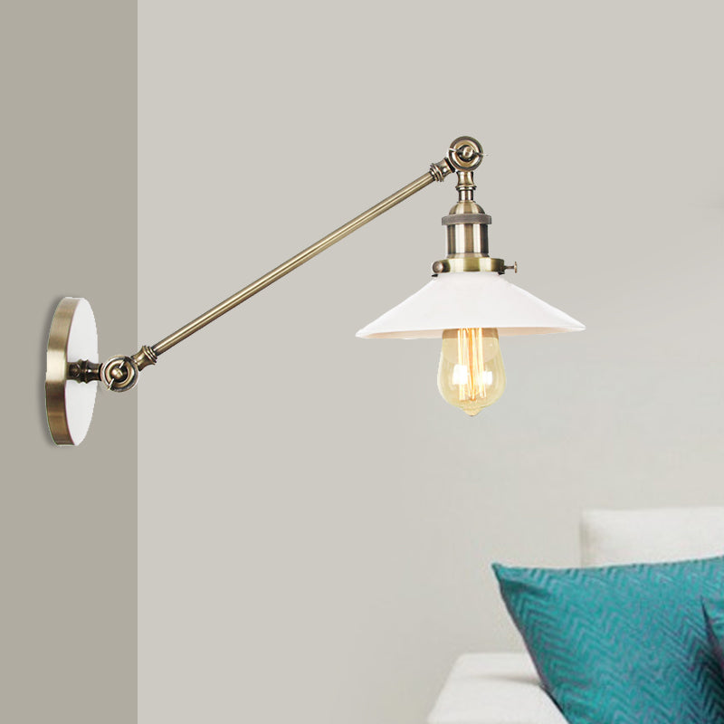 Industrial Conical Sconce Light 1 Light Opal Glass Wall Lamp in Black/Bronze/Brass with Arm, 8"/12" L