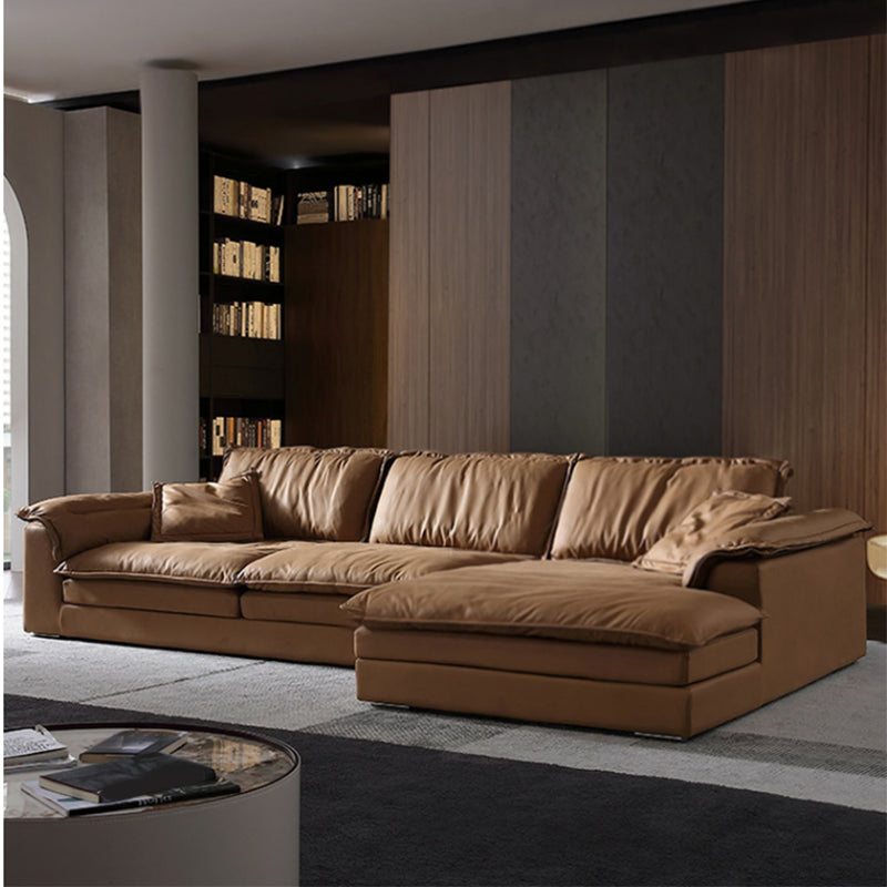 Modern Faux Leather Brown Sofa Pillow Top Arm Cushions Sofa & Chaise