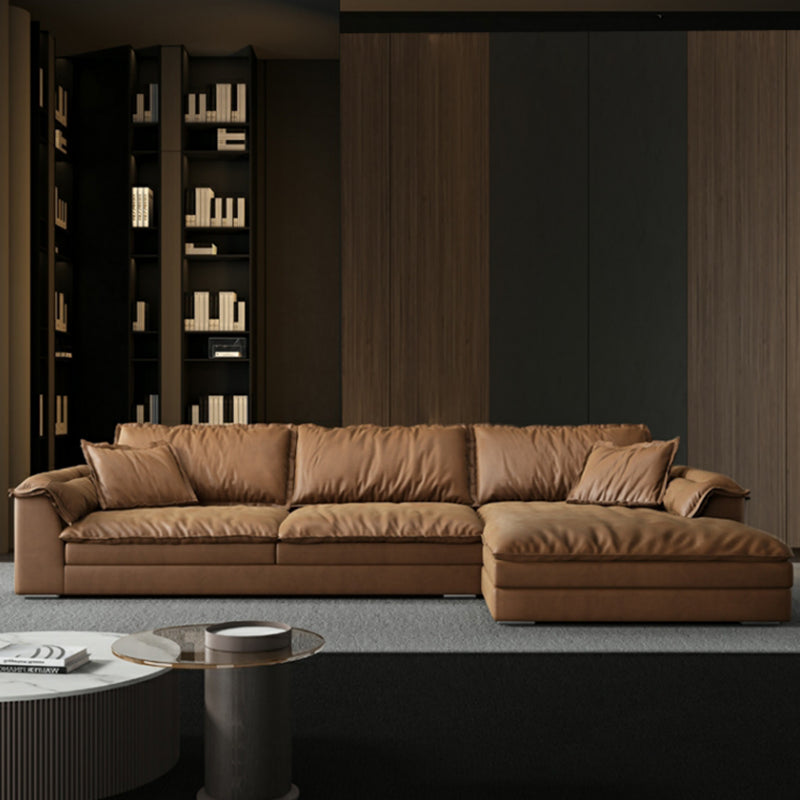 Modern Faux Leather Brown Sofa Pillow Top Arm Cushions Sofa & Chaise