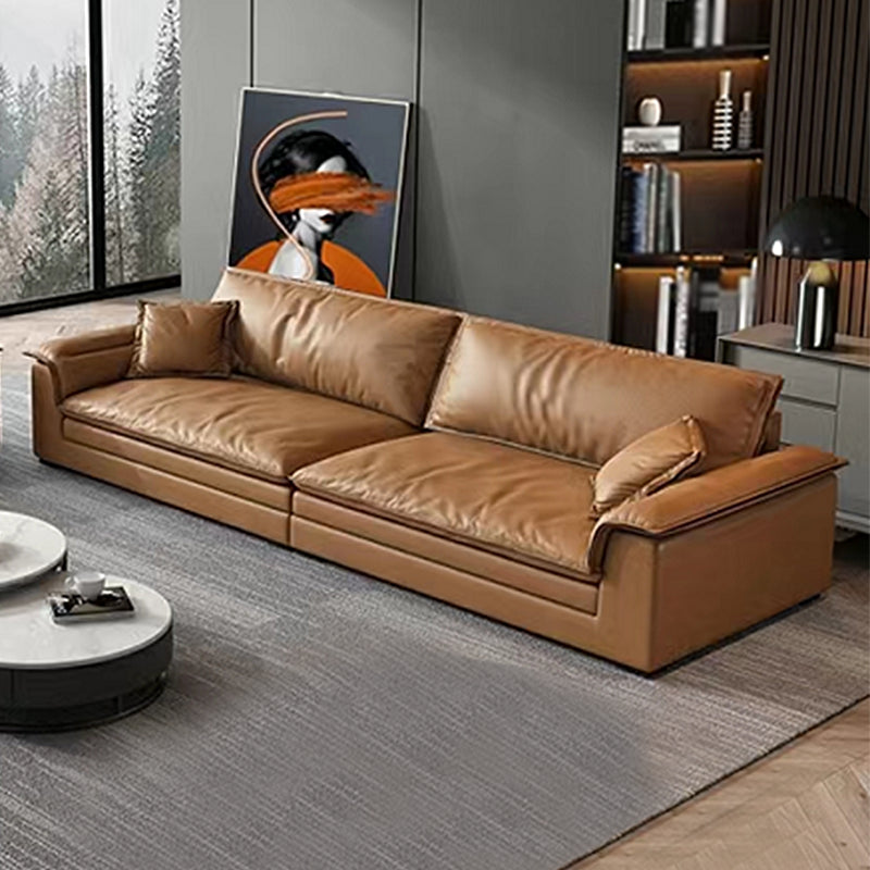 Modern Faux Leather Brown Sofa Pillow Top Arm Cushions Sofa & Chaise