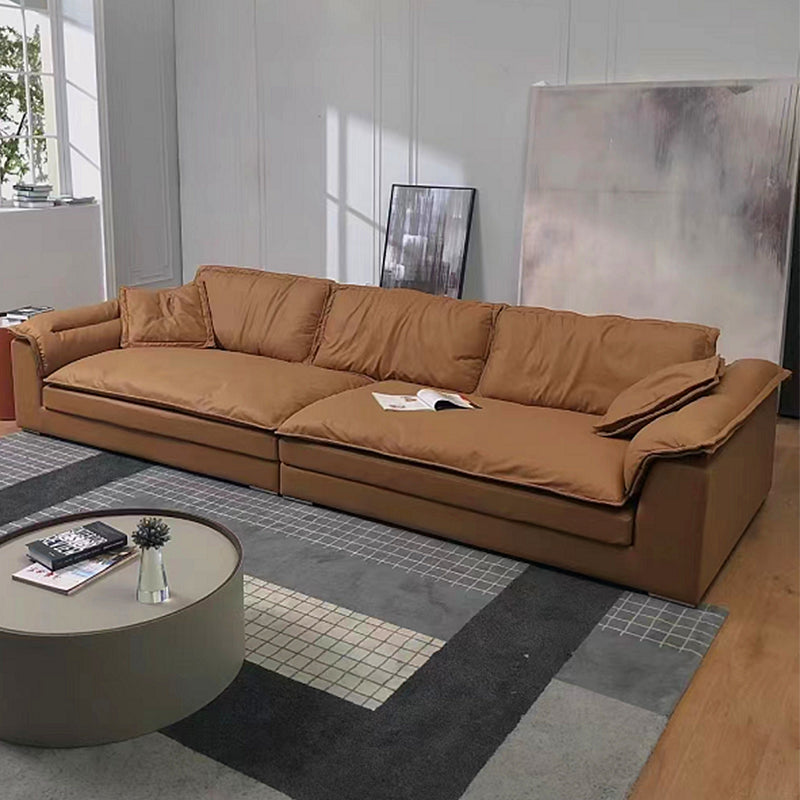 Modern Faux Leather Brown Sofa Pillow Top Arm Cushions Sofa & Chaise