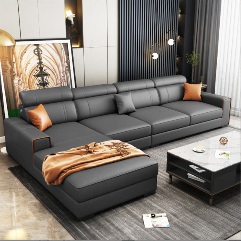 Dark Grey Faux Leather Sectional with Square Arm for Living Room