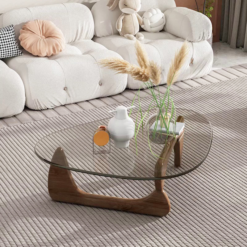 Contemporary Abstract Wooden Base Irregular Glass Top Coffee Table