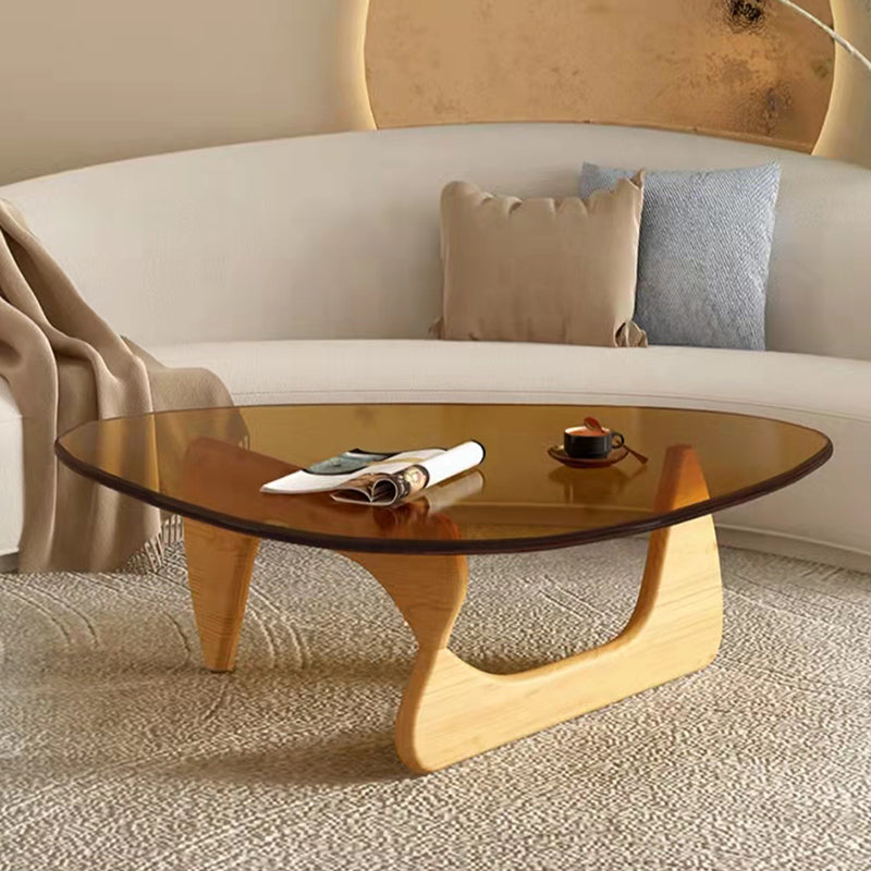 Contemporary Abstract Wooden Base Irregular Glass Top Coffee Table