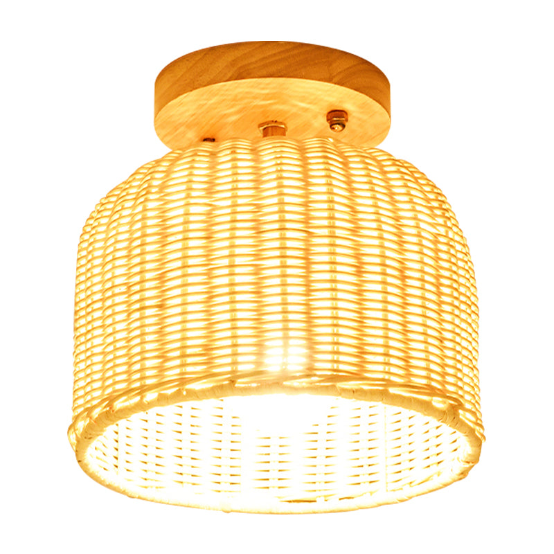 Beige Bowl/Cylindrical Semi Mount Lighting Contemporary 1 Head Bamboo Ceiling Mount Light Fixture