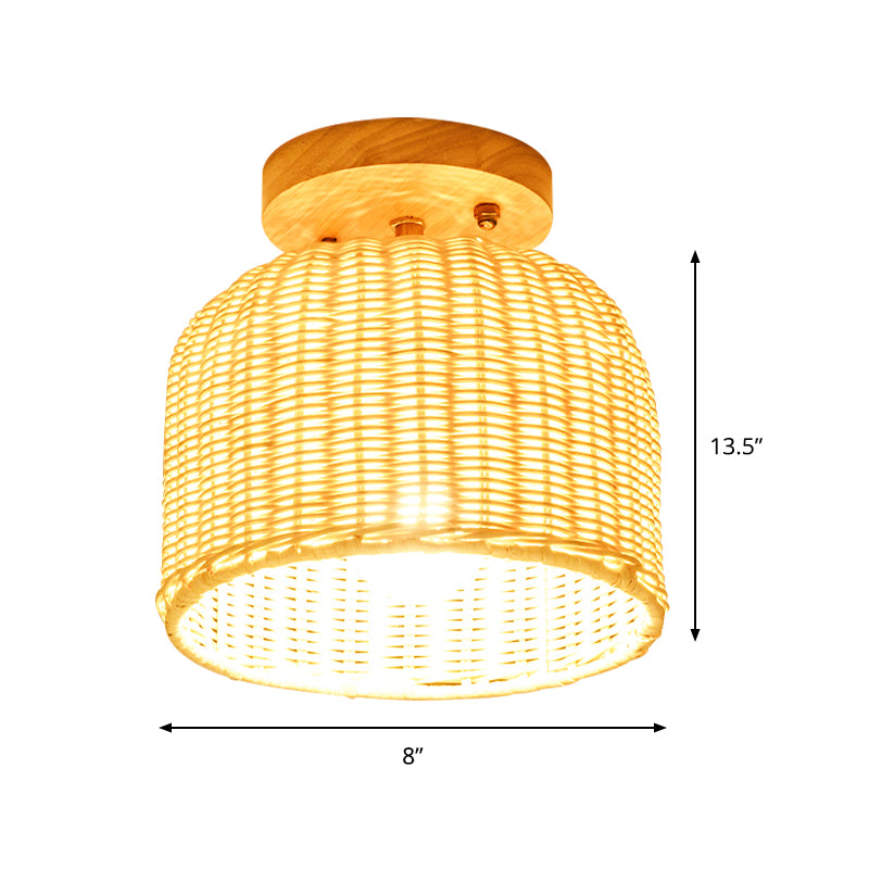 Beige Bowl/Cylindrical Semi Mount Lighting Contemporary 1 Head Bamboo Ceiling Mount Light Fixture