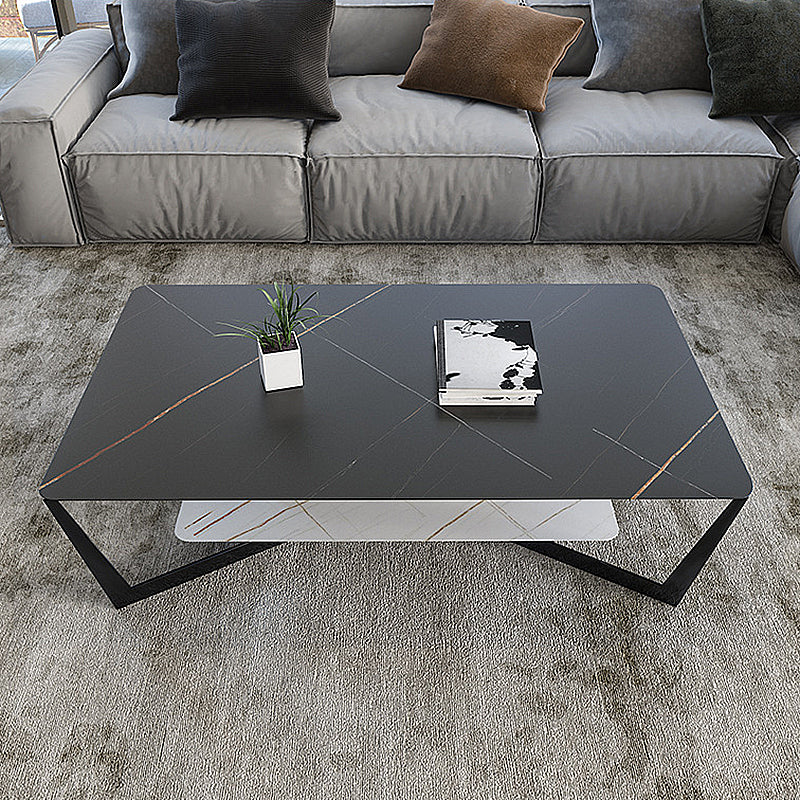 Cross Table Base Design Black Metal Base Slate Top Rectangular Coffee Table