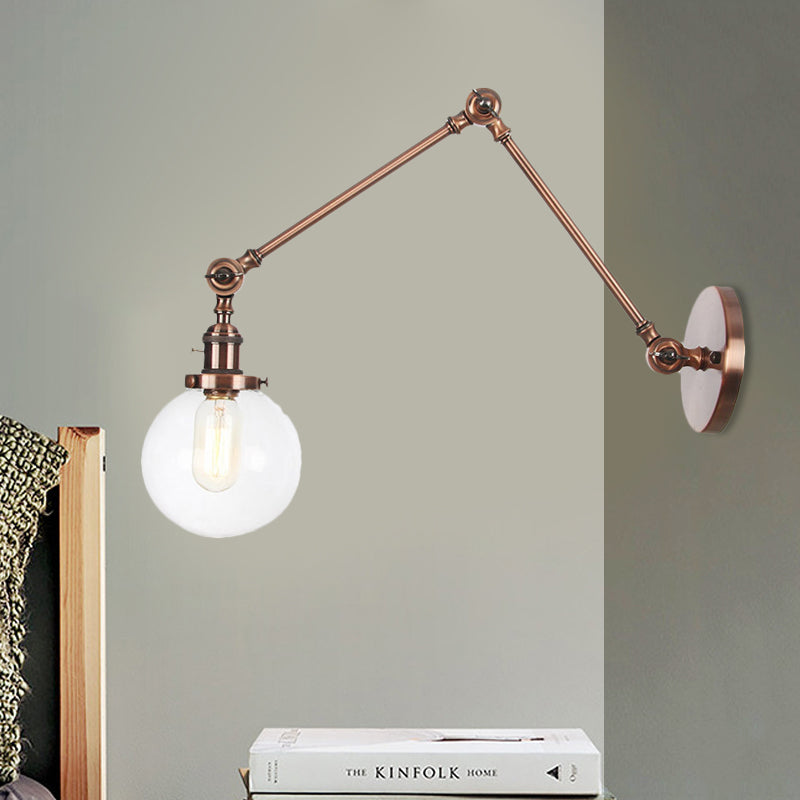 1 luce trasparente/ambra a parete vetro a parete luce vintage cromata/rame/bronzo sfera di scarpa da salotto con braccio regolabile, 8 "+8"/8 "+8" +8 "L