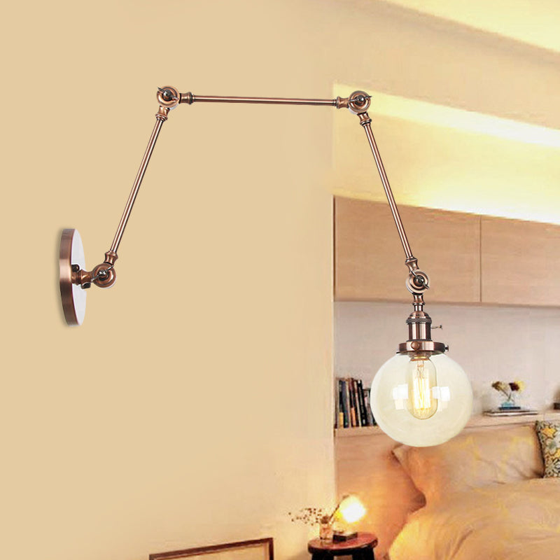 1 luce trasparente/ambra a parete vetro a parete luce vintage cromata/rame/bronzo sfera di scarpa da salotto con braccio regolabile, 8 "+8"/8 "+8" +8 "L