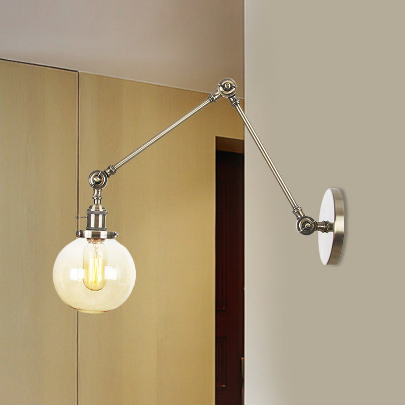 1 luce trasparente/ambra a parete vetro a parete luce vintage cromata/rame/bronzo sfera di scarpa da salotto con braccio regolabile, 8 "+8"/8 "+8" +8 "L