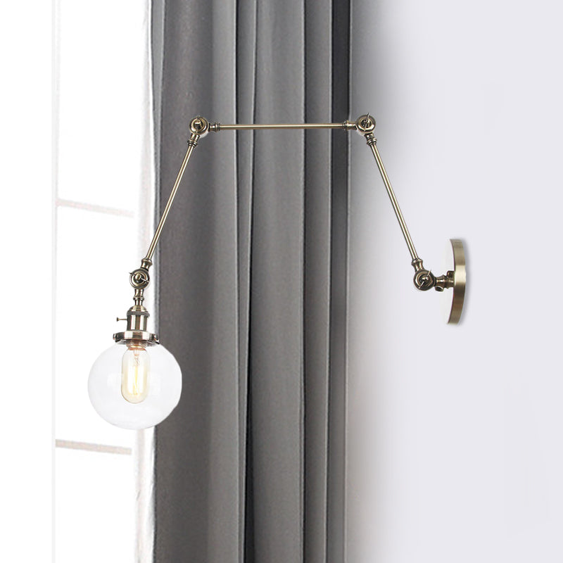 1 luce trasparente/ambra a parete vetro a parete luce vintage cromata/rame/bronzo sfera di scarpa da salotto con braccio regolabile, 8 "+8"/8 "+8" +8 "L